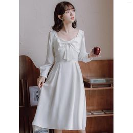 Casual Dresses Autumn French Gentle Wind Restoring Ancient Ways Is Contracted White Bowknot Temperament Dress