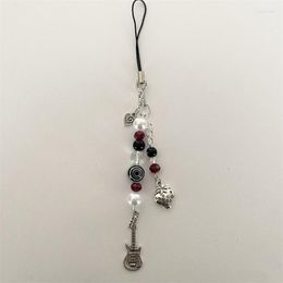 Keychains Strawberry Guitar Swirly Phone Charm Keychain Mobile Chain Handmade Black White Pearl Beaded Y2k