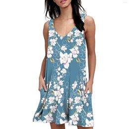 Casual Dresses Ladies Fashion V Neck Flower Print Sleeveless Tank Top Pocket Dress Athletic For Women Long Sleeve