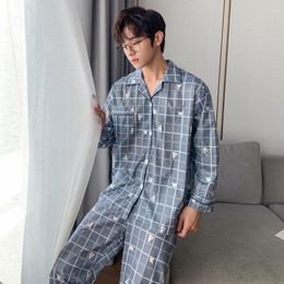 Men's Sleepwear Summer Casual Cheque Print Cotton Pyjama Sets For Men Long Sleeve Pants Pyjama Male Homewear Lounge Wear Clothes