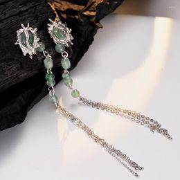 Stud Earrings MLKENLY Chinese Style Tassel Female S925 Sterling Silver Texture Green Dongling Jade Chain Strip Detachable