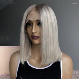 Lace Wigs Medium Bob 180% Density Transparent Highlight Ombre Light Ash Blonde 13x4 Front Human Hair Wig With Babyhair Can Permed Dye Kend22