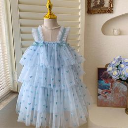 Girl Dresses Korea Children's Princess Girls Mesh Strap Dress Love Print Cake Summer Kids Party Birthday