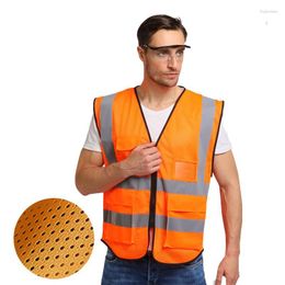 Motorcycle Apparel Hi Vis Orange Breathable Mesh Safety Reflective Vest Jacket With Pockets And Zipper