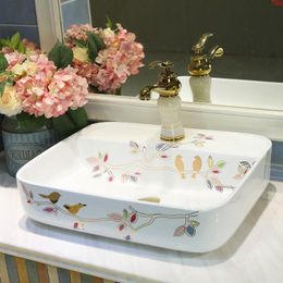 Europe style chinese washbasin sink Jingdezhen Art Counter Top ceramic bathroom wash basin rectangular bird leaf patterngood qty Ruemn