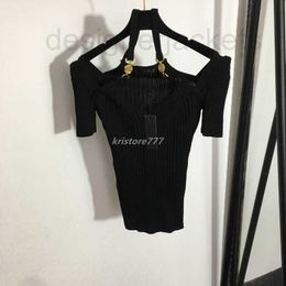 Women's T-Shirt Designer 23SS Women Tee Knits T shirts Tops With Patchwork Metal Sign Girls Vintage Crop Luxury Brand Stretch Short Sleeve Pullover 5QJS