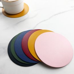 Pure Colour Tea Cup Pad Simple Creative Round Coaster Non Slip Waterproof Pu Leather Coffee Coaster Heat Insulation Pad Party Favour