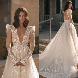 Berta A Line Wedding Dresses for bride V Neck Long Sleeves Lace Wedding Dress Sweep Train Backless Appliques Long designer bridal gowns