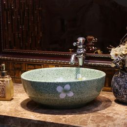 China Painting green Ceramic Art Basin Sink Counter Top Wash Basin Bathroom Vessel Sinks vanities hand drawing wash basin round Mhuvi