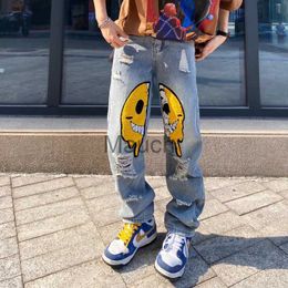 Men's Jeans 2022 Ropa Smiley Embroidery Hole Ripped Baggy Men Hip Hop Jeans Pants Y2K Cloes Straight Go Denim Trousers Pantalones Hombre J230626