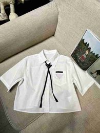 Women's Blouses & Shirts designer Designer Short Sleeve Blouse With Triangle Tie Button Up Shirt Women Summer 2023 New Female Elegant Ladies Tops