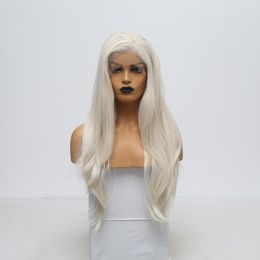 Synthetic Wigs QUINLUX Platinum Natural Straight Wig Lace Front Hair African Side Parting Glueless Heat Fiber Cosplay Show Kend22