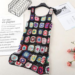 Dresses Boho Vintage Beach Mini Dress Women Sleeveless Sundress Colourful Hollow Out Crochet Dress High Quality Designer Dresses Vestidos