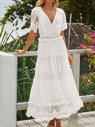 Basic Casual Dresses Summer Dress Women White Long Ladies Hollow Out Maxi Female Fashion V Neck Short Sleeves Lace Robe Femme 230625