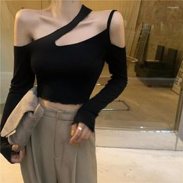 Women's T Shirts Cold Shoulder Long Sleeve Halter Neck Hollow Out Streetwear Y2k Plain Tshirt Tee Black Green Sexy Crop Top Shirt Women C271