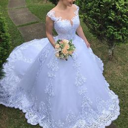 Vestido De Noiva Ball Gown Wedding Dresses 2021 Illusion Bodice White Vintage Lace Appliques Bridal Gowns V Neck Backless For Chur289t