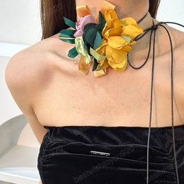 Elegant Large Fabric Flower Choker Necklace for Women Trendy Wedding Long Lace Up Rope Chains Collar Accessories Jewellery on Neck