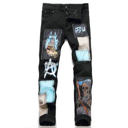 Black Ripped Printed Patches Men's Jeans Autumn Punk Mid-waist Pants Slim-Fit Stretch Streetwear