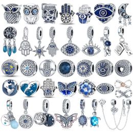 925 Sterling Silver Dangle Charm Color Evil Eye Owl Hot Air Balloon Blue Bead Pendant Bead Fit Pandora Charms Bracelet DIY