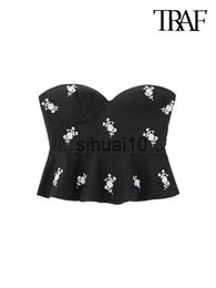 Women's T-Shirt TRAF Women Fashion Floral Embroidered Cropped Poplin Bustier Tops Vintage Strapless Side Zipper Female Camis Mujer J230627