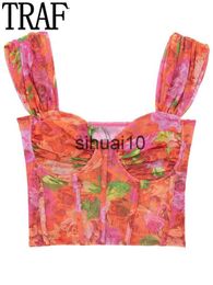 Women's T-Shirt TRAF Floral Tulle Corset Top Women Mesh Crop Top Woman Off Shoulder Bustier Sexy Tops Y2k Backless Tank Tops For Women 2022 J230627