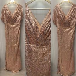 2023 Rose Gold Bridesmaids Dresses Real Image V Neck Sequined Lace Sequins Sheath Floor Length Short Sleeves Formal Maid Of Honors Wedding Guest Gowns