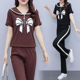 Women's Two Piece Pants Summer Bow Embroidery Set Short Sleeve Casual V Neck Tee Loose Wide Leg Street Leggings Matching 2PC Suits Clothing