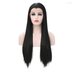 Synthetic Wigs RONGDUOYI Black Beauty Tip Lace Front For Women Long Silky Straight Ftont Wig Heat Resistant Fiber Hair