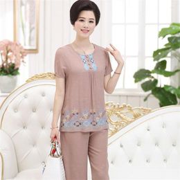 Women's Two Piece Pants Women Summer Cotton And Linen Short-sleeved Suits Middle-aged People's Mother-in-law Two-piece Home Clothes Can