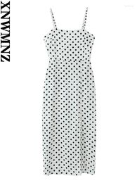 Casual Dresses XNWMNZ Women Fashion Polka Dot Print Midi Dress Vintage Straight Neck Thin Straps Hem Front Split Open Back Female