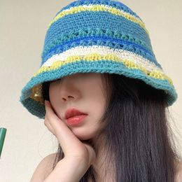 Japanese Women Summer Bucket Hat Handmade Crochet Sunshade Sunscreen Bucket Hat Korean Basin Hat