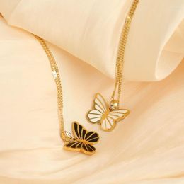 Chains Exquisite Zircon Butterfly Necklace For Women Stainless Steel Enamel Black White Pendant Delicate Bridal Jewellery Gifts