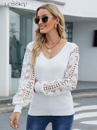 Women's Sweaters Elegant Lace Sweater Women Fashion V Neck Long Sleeve Knitted Top Casual Solid White Thin Ladies Autumn Loose Pullover