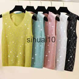 Women's T-Shirt Sexy Shiny Knitted Top Summer V-neCK Tank Top Women Slim Top Female Bling Sleeveless T-shirt VEST Camis J230627