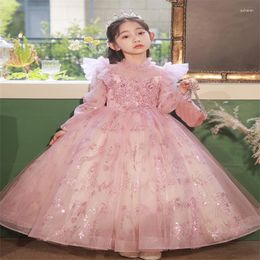 Ethnic Clothing Girl Pink Sequined A-line Tulle Evening Dress Costume Kids Birthday Party Gown Princess Clothes