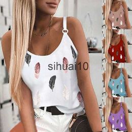 Women's T-Shirt Plumage Printed Women'S Tank Top U-Neck Spaghetti Strap Camisole Sleeveless Beach Style Summer Tops Shoulder Buckle Tops J230627