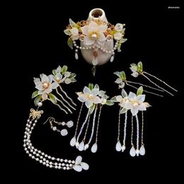 Hair Clips Antique Imitation Jade Orchid Flower Crown 8pcs Set Hanfu Headdress