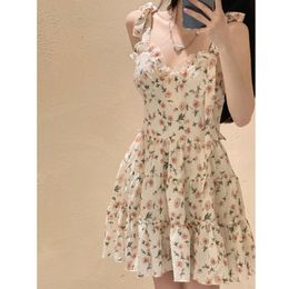 Fur Summer Mori Girl Style Elegant Lace Up V Neck Floral Dress Kawaii Fairy Princess Slip Vintage Mini Dresses Women 2022 Sundress