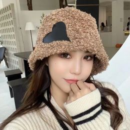 Granular Pile Bucket Hats Women Autumn and Winter New Love Leather Label Lamb Hair Fisherman's Cap Japanese Thermal Basin Hat