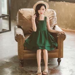 Girl Dresses 2023 Summer Kid Baby Dress Clothes Sleeveless Braces Children Solid Green Black Teenager 4 5 6 7 8 9 10 11 12 Year