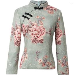 Ethnic Clothing Deerskin Velvet Printed Autumn And Winter Daily Warm Long Sleeved Cheongsam Top Chinese Women's Tang Suit