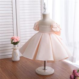 Girl Dresses Yoliyolei Satin Princess Dress Bowknot Short Sleeves Pearl Tassel 2-5 Years Baby Child Hollow Out Gown Children