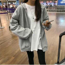 Women's Hoodies Women Korean Style Zip-up Harajuku Solid Oversized Pocket Hooded Sweatshirts Autumn Long Sleeve Loose Woman Clothes