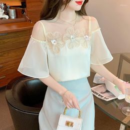 Women's Blouses Floral Short-Sleeved Pullover Chiffon Shirt Women's Summer Top 2023 Satin Blusas Mujer Lady Chic