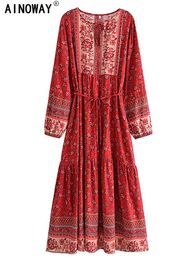 Dresses Vintage Chic Women Elegant Laceup Tassel Floral Print Beach Bohemian Maxi Dresses Robe Ladies Rayon Cotton Boho Dress Vestidos