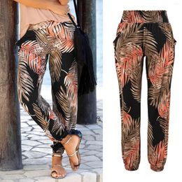 Women's Pants High Waist Long Pant For Women Ladies Elastic Band Pocket Full Length Boho Trouser Female Tropical Leaves Print Loose