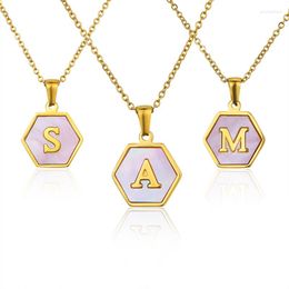 Pendant Necklaces MHS.SUN Stainless Steel Hexagon Pink Shell Letter Necklace Gold Plated Inital Alphabet A-Z Choker Fashion Jewellery