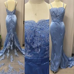 2023 Bridesmaids Dresses Real Image Spaghetti Straps Sweetheart Lace Appliques Mermaid Floor Length Open Back Formal Maid Of Honours Wedding Guest Gowns