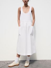 Casual Dresses Midi For Women Sleeveless Scoop Neck Ribbed Knit Patchwork White Dress Elastic Waist Patch Pockets Summer