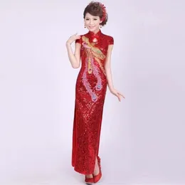 Ethnic Clothing Sexy Sequin Flower Cheongsam Sequinx Red Dresses Phoenix Women Slim Qipao Elegant Evening Party Dress Short Sleeve Vestidos